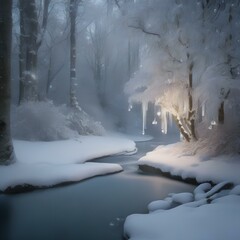 An enchanted forest blanketed in snow, with icicles hanging from the branches2 - obrazy, fototapety, plakaty