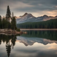 A tranquil lake surrounded by tall pine trees, with a reflection of the mountains in the water1