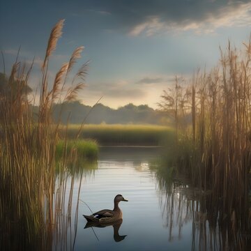 A tranquil pond surrounded by tall grasses and cattails, with a duck swimming in the water1