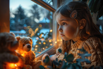 Retratos de niños pequeños adorables jugando con sus peluches, Luz cálida