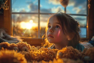 Foto op Plexiglas Retratos de niños pequeños adorables jugando con sus peluches, Luz cálida © Julio
