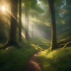 A magical forest glade illuminated by shafts of golden sunlight filtering through the canopy1 - obrazy, fototapety, plakaty