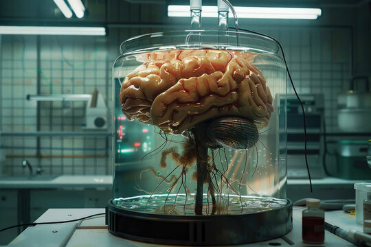 Representación de un cerebro humano gigante en un laboratorio científico futurista