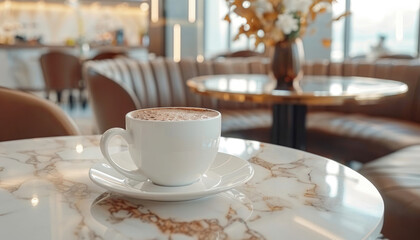 Taza de chocolate caliente gourmet, servida en una elegante mesa de cafetería, con un atractivo gustativo para una campaña de marketing, estilo minimalista