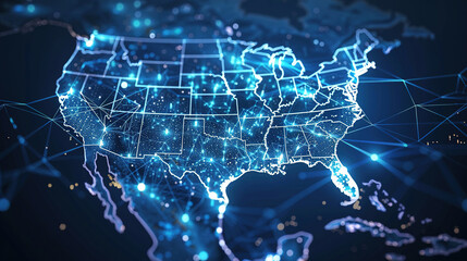 Digital map of USA, concept of North America global network and connectivity, data transfer and cyber technology, information exchange and telecommunication. Digital map for business.