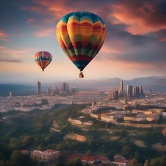 Fototapeta na wymiar A colorful hot air balloon floating peacefully in the sky, with a view of the city below2