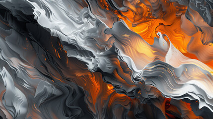 Experience the harmony of chaos and order in an AI-generated abstract landscape, where vibrant orange hues mingle with cool grey tones in a dance of algorithms