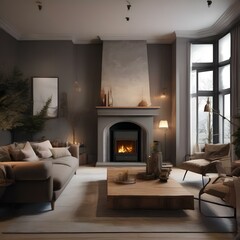 Naklejka premium A cozy living room with a crackling fireplace and comfortable armchairs1