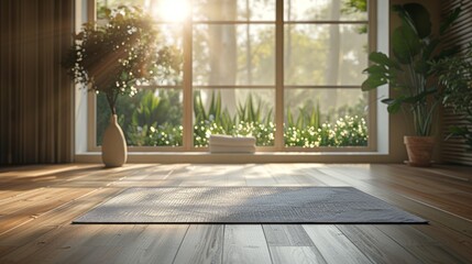 Morning yoga practice space with sunlit windows. - obrazy, fototapety, plakaty