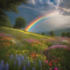 A peaceful meadow filled with blooming flowers, with a rainbow stretching across the sky1