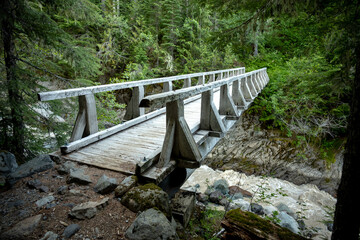 Large Stock Bridge Crosses The South Puyallup River In Mount Rainier - obrazy, fototapety, plakaty