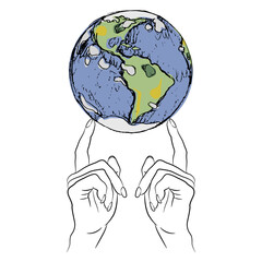 Two beautiful female raised up hands holding planet earth on fingertips. Ariadne. Creative environmental concept. Goddess Gaia.