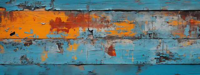 Fototapeta na wymiar Vibrant Orange and Blue Paint Flaking Off Wooden Panels