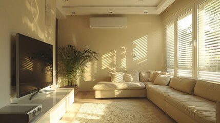 modern living room with ac splitter on the wall