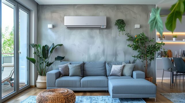 modern living room with ac splitter on the wall