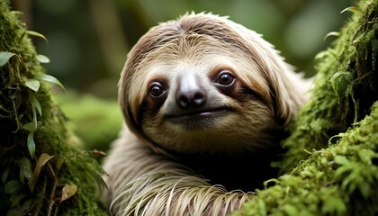 Fototapeta premium A Sloth With Its Fur Covered In Moss Blending In