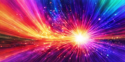 A colorful and vibrant display of light and color, resembling a burst of energy or a shooting star. The display is composed of various bright and vivid colors, creating a visually striking scene.