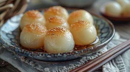 Mochi is a rice cake made from glutinous rice pounded into a sticky, chewy consistency. It's often filled with sweet or savory fillings and served as a delicacy or snack.
