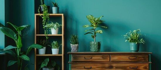Fototapeta na wymiar Drawer chest with shelving unit and indoor plants by blue wall