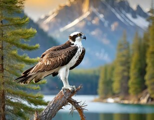 Osprey perched on a branch in a forest - obrazy, fototapety, plakaty