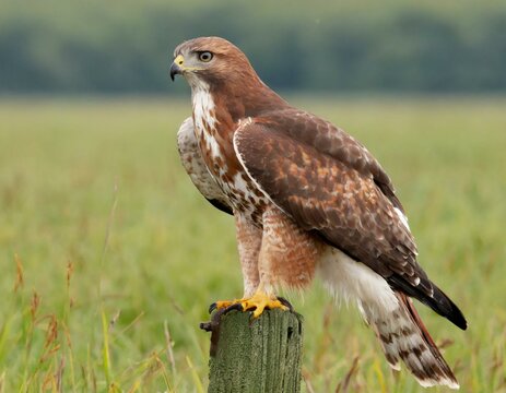 Illustration of a red-tailed hawk perched on a fencepost with a meadow in the background