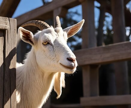 photo portrait of a goat, White goat on a wooden structure with sunlight casting shadows, surrounded by trees