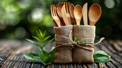 Sustainable bamboo cutlery on a wood backdrop - obrazy, fototapety, plakaty