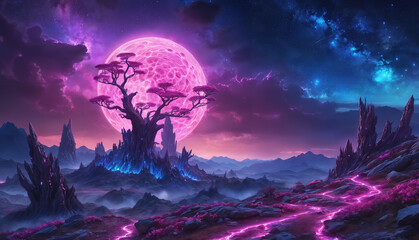 A fantastical scene of a tree rising up from a field of lava, surrounded by a purple sky and mountains in the background. The lava field and mountains create a dramatic and otherworldly atmosphere.