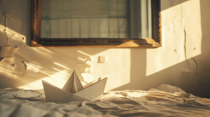 A lone origami boat sits in a sp bedroom its shadow reflected in a large mirror on the wall. . .