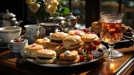 A table set for a high tea with scones and sandwiches