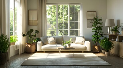 3D rendering of A large bright light beige living room minimalism polished concretebirch, double seat sofa small tea table with potted plants white curtains lamps some green plants beautiful scene. Fo