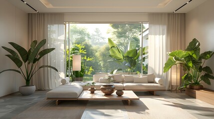 3D rendering of A large bright light beige living room minimalism polished concretebirch, double seat sofa small tea table with potted plants white curtains lamps some green plants beautiful scene. Fo