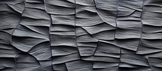 A detailed closeup of a black rock wall with a geometric pattern, showcasing tints and shades of grey. The building material resembles brown wood flooring or roofing
