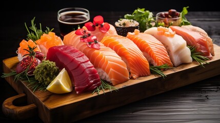 Wooden board with various sushi types, high-resolution stock photo with pink and white color scheme, dark background