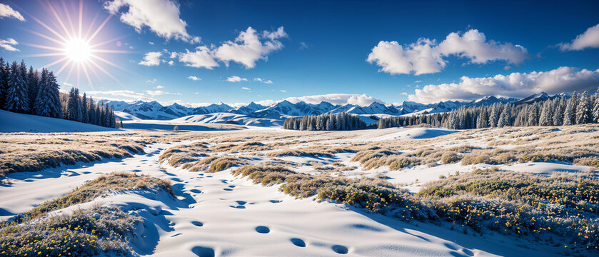 Beautiful frozen meadow with a snowy country road against the background of a mountains. Natural winter background, wallpaper, banner. Created using generative AI tools