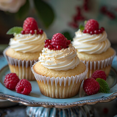 Three cupcakes topped with raspberries are displayed beautifully on a blue plate. The combination...