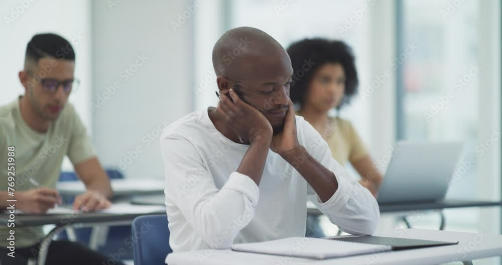 Aufkleber stress, student or black man in classroom with burnout, depression or fatigue for assessment. school