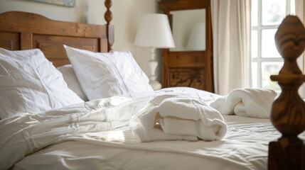 A pareddown bedroom featuring crisp white linens and simple wooden furniture. . .