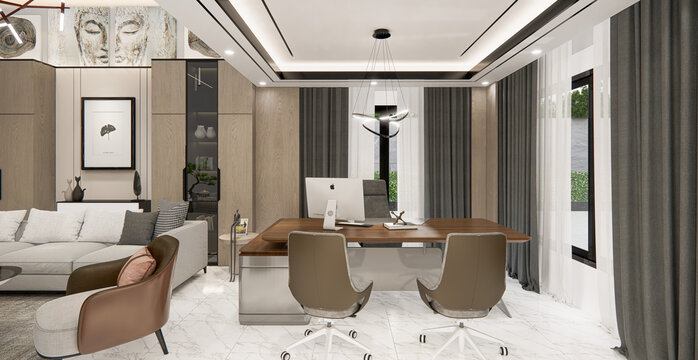 3d render of modern home office on living room with white sofa and wood table, built-in wall fireplace and stylish bookcase with embossed panels, carpet on marble floor.