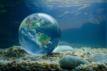 Obraz na płótnie Canvas ESG or Earth day concept: lovely crystal planet (Earth) peacefully laying underwater, evoking a environmental conservation ambiance.
