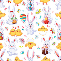 Happy Easter seamless pattern with Easter bunny, eggs and chickens - 769252319