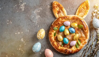 Fototapeta na wymiar festive easter pizza in the form of a rabbit with eggs multi colored easter eggs on a stone background with copy space for your text