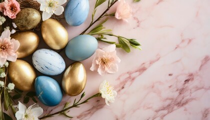 Obraz na płótnie Canvas stylish easter eggs and spring flowers composition on pink paper flat lay space for text modern natural dyed blue and marble easter eggs happy easter greeting card template