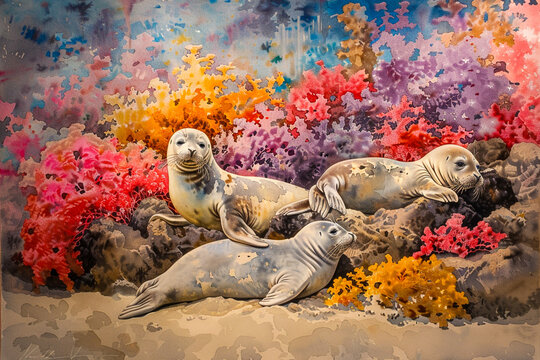 Seal family lounging on a coral reef with colorful underwater foliage in an artistic representation