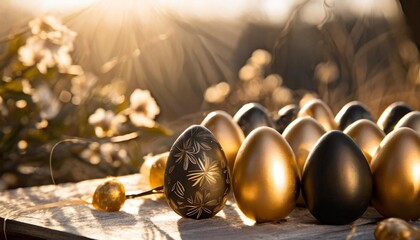 golden easter egg golden and black eggs decoration easter decoration - obrazy, fototapety, plakaty