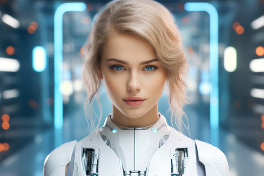 Artificial intelligence. Female face in cyberspace. Machine learning. Mind of cyborg or robot in vr reality. Future concept