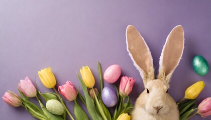 easter concept top view photo of rabbit bunny ears colorful easter eggs and tulips flowers on isolated lilac background with empty space