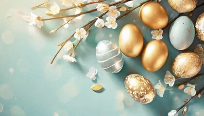 festive easter background with painted golden decoration on easter eggs on beautiful turquoise table top view and fashion flat lay style