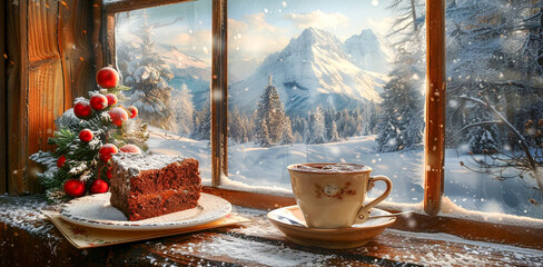 Chocolate lava cake, center oozing, served in a cozy mountain cabin, the warmth inside contrasting with the snowy landscape visible through the window