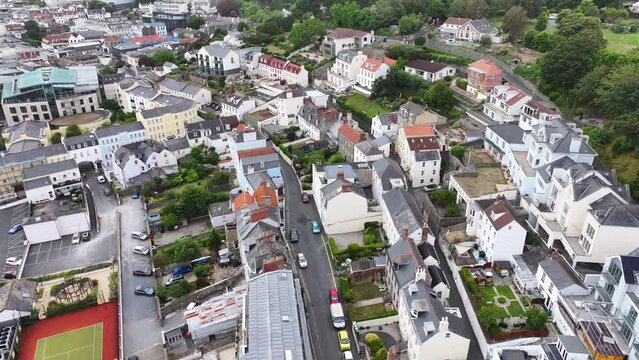Drone Shot of St. Peter Port, Guernsey, Hillside Residential Neighborhood, Homes and Streets, Channel Islands Drone Shot 60fps